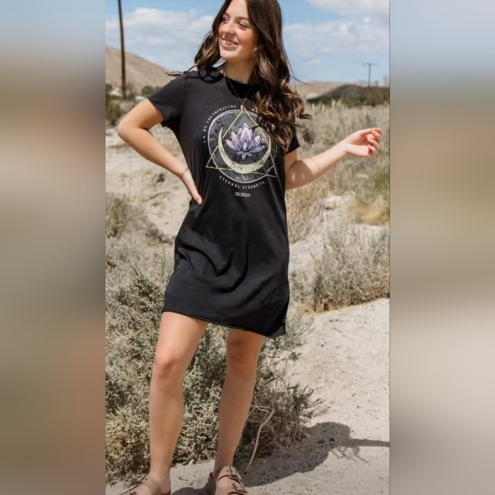 Black Graphic T-shirt Dress Only Brand Lotus and Crescent Design Like New Large